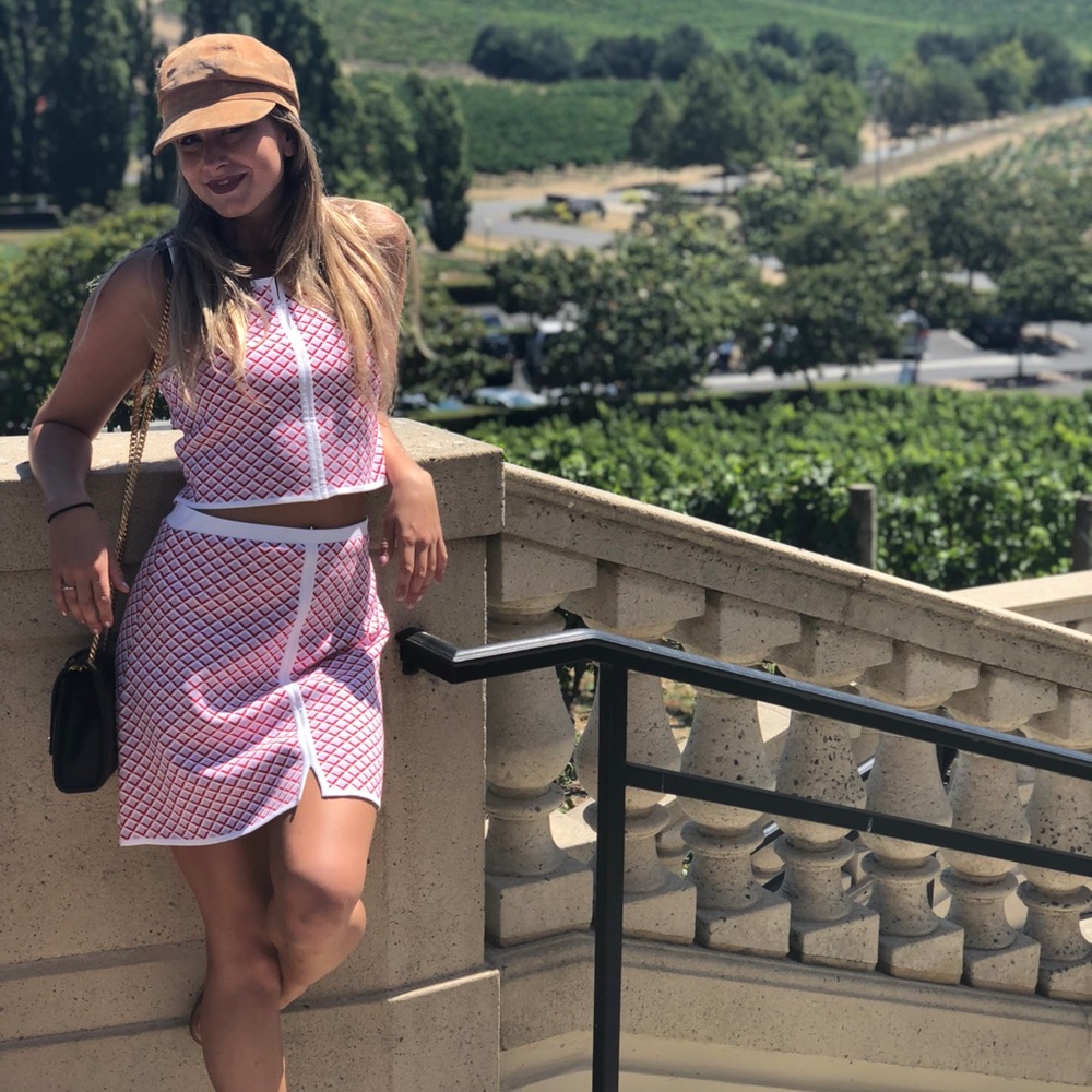 Cute patterned pink top and skirt duo